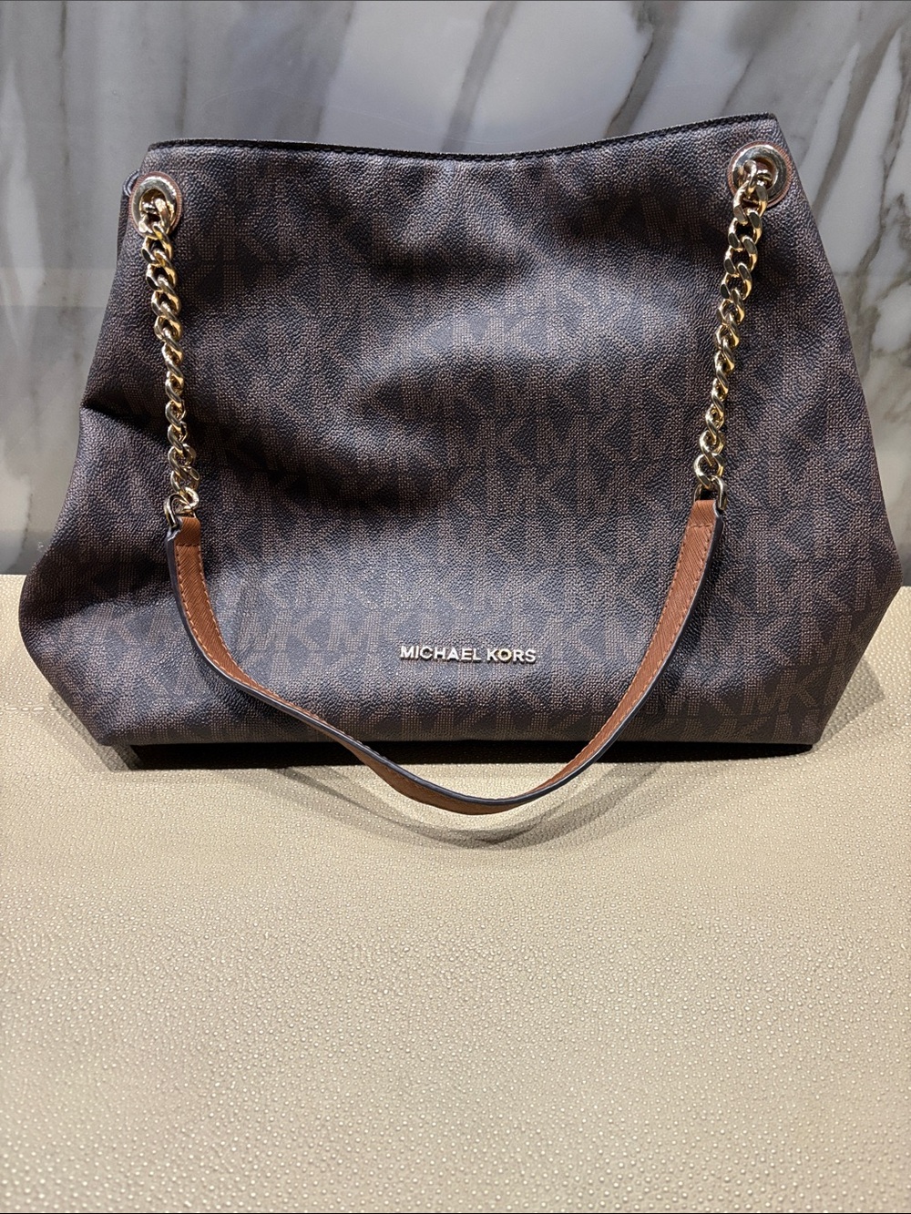 Michael Kors Brown MK Logo Chain-Handle Shoulder Bag